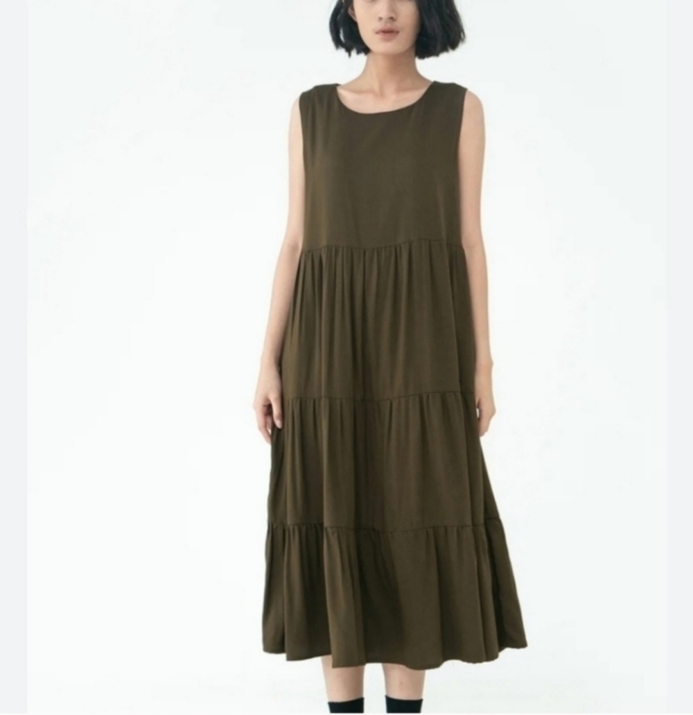 Mango Women's Green Ribbed Tirered Dress Size XS